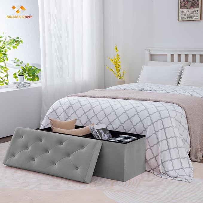 BRIAN & DANY 43 Inches Folding Storage Ottoman Bench, Velvet Ottoman with Storage for Living Room, Bedroom, Entryway, Ottoman Foot Rest, End of Bed Bench (Gray)