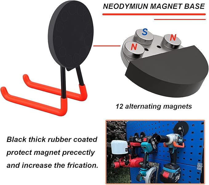 Strong Utility Magnetic Hooks,Anti-Slip Coated Large Magnetic Hooks Heavy Duty No Drilling Garage Organizer Magnet Hooks for Hanging Garden Hoses