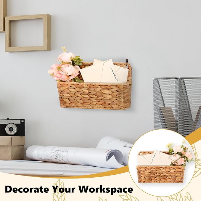 2 Pcs Woven Mail Holder Wall Mount Basket 9.25x1.57 Inch Rattan Wall Letter Holder Wicker Wall Basket Storage Water Hyacinth Hanging Storage Basket with Hooks for Mail Envelope Office