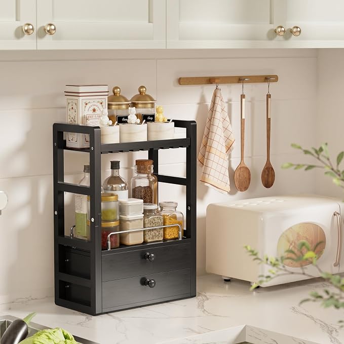 AmazerBath Bamboo Bathroom Counter Organizer, 2-Tier Makeup Organizer with 2 Drawers, Vanity Organizer Storage Coffee Matcha Station, Compact Shelf for Bathroom Kitchen Office Countertop, Black