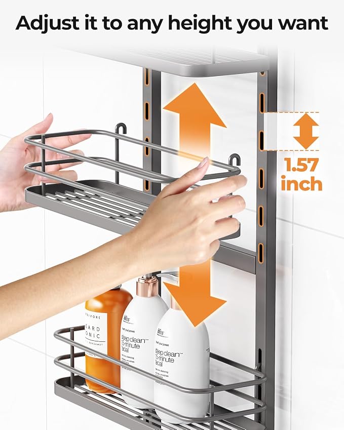 ODesign 4 Tier Adjustable Hanging Shower Caddy Over Showerhead Grey | Shower organizer hanging,no drilling required,comes with removable hook and storage box, suitable for indoor showers