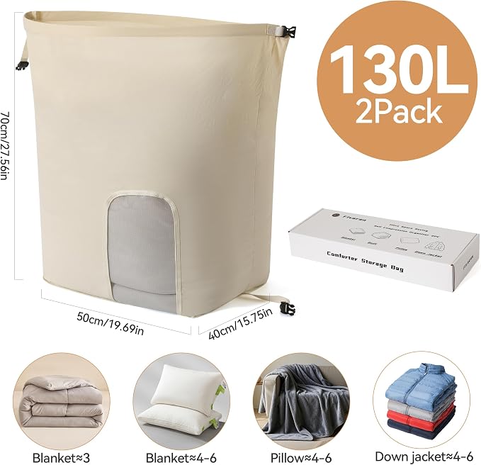2-Pack Roll Top Comforter Storage Bag,Blanket Storage Bags | Taslon Fabric, Machine Washable, Moisture/Dust/Tear-Resistant. Self-Compression.Clear Window. for Home & Travel