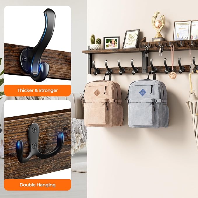 Evermagin 35" Coat Rack Wall Mount with Shelf for Entryway, Rustic Brown | Wall Mounted Coat and Key Rack with Hooks, Key Holder with Mail Organizer for Wall, Living Room, Mudroom, Bedroom