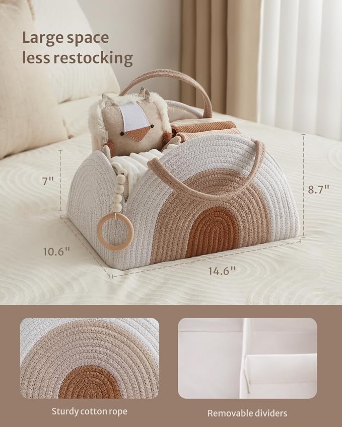 Blissful Diary Baby Diaper Caddy Organizer, Cotton Rope Diaper Caddy Basket, Large Storage Basket for Newborn Boys and Girls, Gift for Baby Shower List, Newborn Essentials, Earthy Rainbow