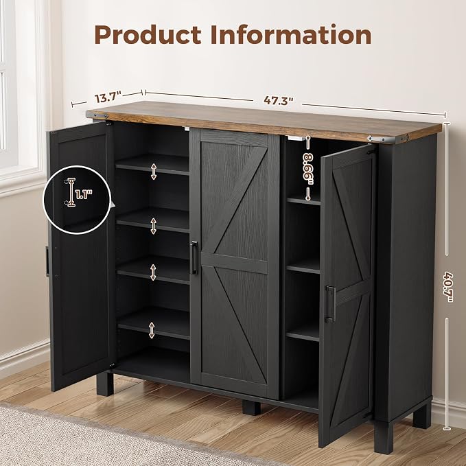 ALLSTAND 5-Tier Shoe Storage Cabinet, Farmhouse Shoe Rack Organizer Cabinet with 4 Adjustable Shelves & Side Cabinets, Freestanding Shoe Cabinet Storage with Anti-tip Fitting for Entryway, Black