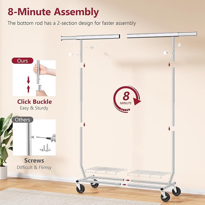 Clothes Rack with Shelf Load 350 LBS, Plating Chrome | Heavy Duty Collapsible Clothing Rack for Hanging Clothes, Extendable & Adjustable, Garment Rack with Wheels for Bedroom