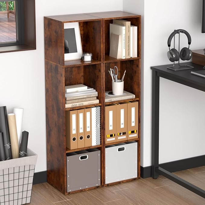 Cube Storage Organizer, 4 Cube Retro Bookshelf, Freestanding 4 Tier Open Shelf, Rustic Brown Retro Shelves for Home Office, Bedroom, Living Room, Study