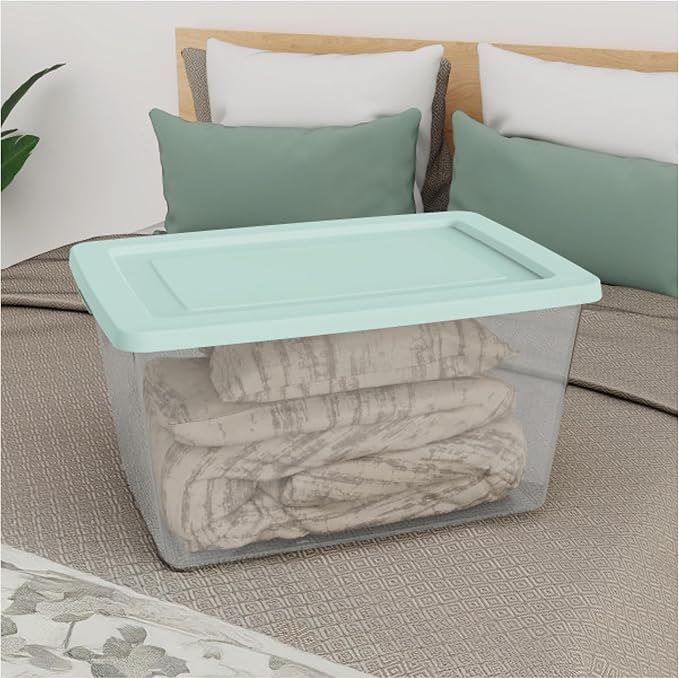 Sterilite 32 Pack Storage Boxes, Clear Plastic Stackable Containers, Lightweight Home Organizers with Snap Lids, 58 Quart, Mindful Mint