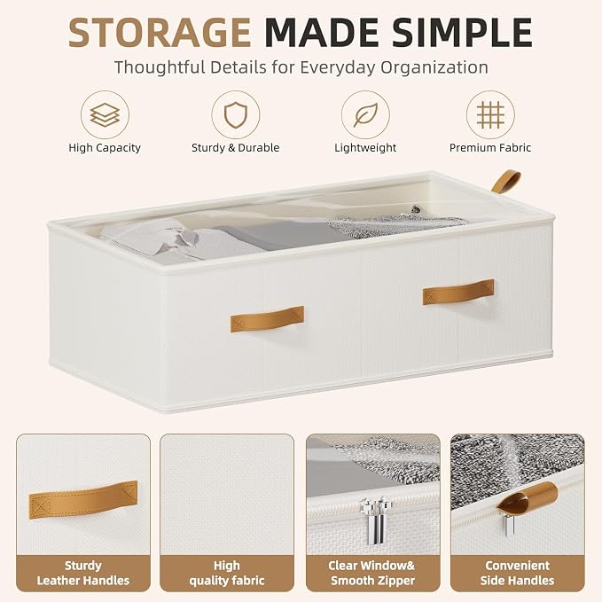 FHSQX 4 Pack Under Bed Storage Bins,10 Inch Tall,White, 31.5x15.8x10 inch | Clear Window, For Closet, Bed Sheets and Blankets