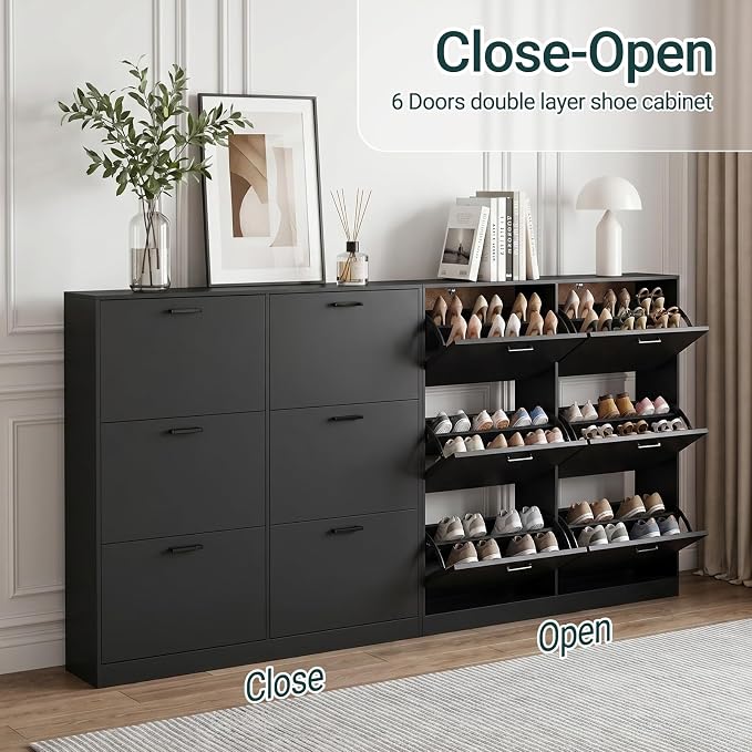 Shoe Cabinet with 6 Flip Drawers, Narrow Freestanding Shoe Organizer, Hidden Slim Shoe Storage Cabinet for Entryway, Hallway, Living Room, Black