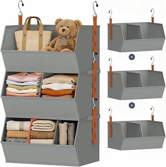 Hanging Closet Organizer Extra Large, Clothes Hanging Shelves for Closet with Divider, Collapsible Closet Storage System, Fabric Storage Bins for Home, Dorm, Rv, Sweaters, Handbags, Underwear, Sock