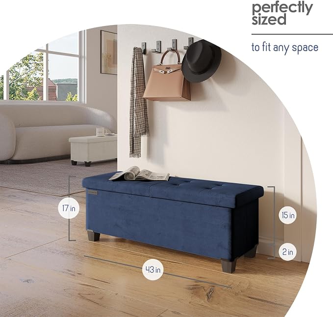 Storage Ottoman Bench with Bins, 43-in Storage Bench for Bedroom End of Bed, Folding Foot Rest Ottoman for Living Room Max 660lbs, Velvet Ottomans, Blue