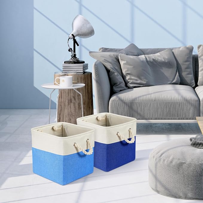 Geiserailie 6 Pcs 11 x 11 Inch Cube Storage Bins Fabric Storage Organizer Bins Foldable Cube Baskets with Sturdy Carry Handles Wicker Baskets for Home(11 x 11 Inch,Blue)
