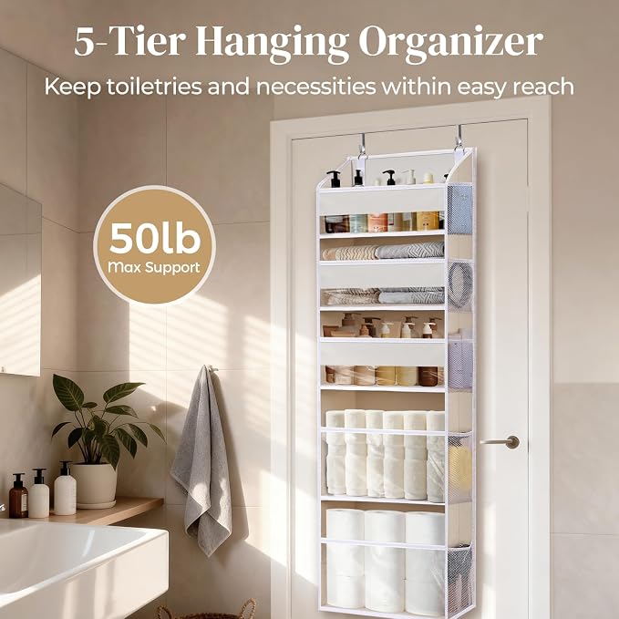5 Tiers Over the Door Organizer with 10 Mesh Side Pockets, 44 lbs Weight Capacity Closet Hanging Storage Organizer with Large Clear Window Kids Toys, Shoes, Diapers, Beige