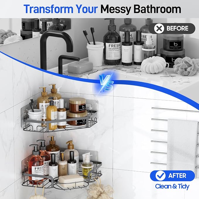 Corner Shower Caddy, Rustproof Shower Organizer with Soap Holder and 8 Hooks, No Drilling Adhesive Shower Shelves for Inside Shower, Large Capacity Shower Rack for Bathroom Shower Storage, Grey