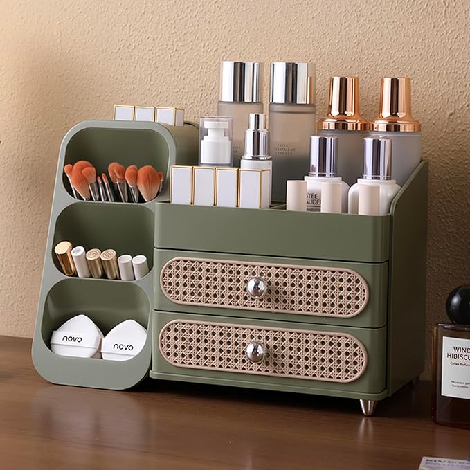 Aveniee Makeup Organizer with Drawers for Vanity, Big Cosmetic Perfume Makeup Brush Holder, Bathroom Coutertop Storage for Skincare Beauty Essentials-Green