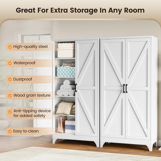 Yizosh Metal Storage Cabinet with Doors and 4 Adjustable Shelves - 75" White Kitchen Pantry Storage,4-Tier Tall Steel Cabinet Locker for Kitchen,Living Room,Dining Room