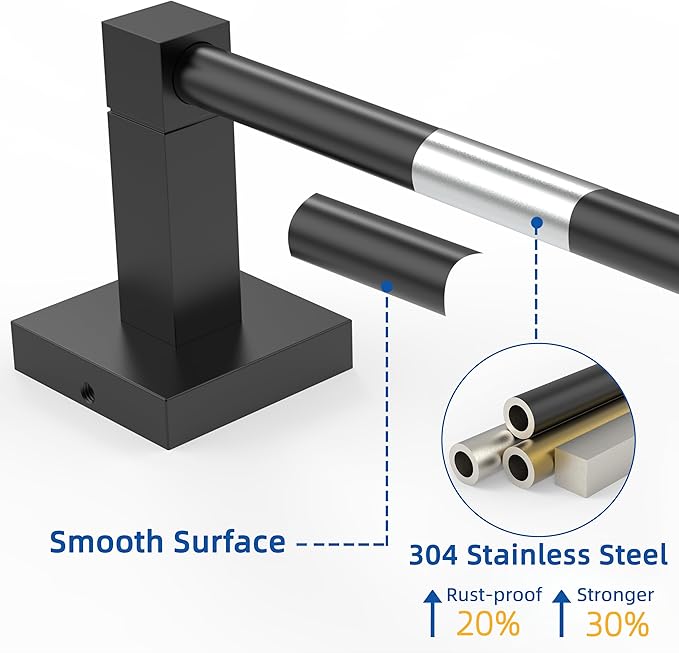 RUACQ Towel Bar 18" Towel Racks for Bathroom Wall Mounted, Matte Black | One-Piece Bath Towel Holder, Total Length 20 Inch Single Towel Rod, 304 Stainless Steel Rustproof, Square Base, Heavy Duty