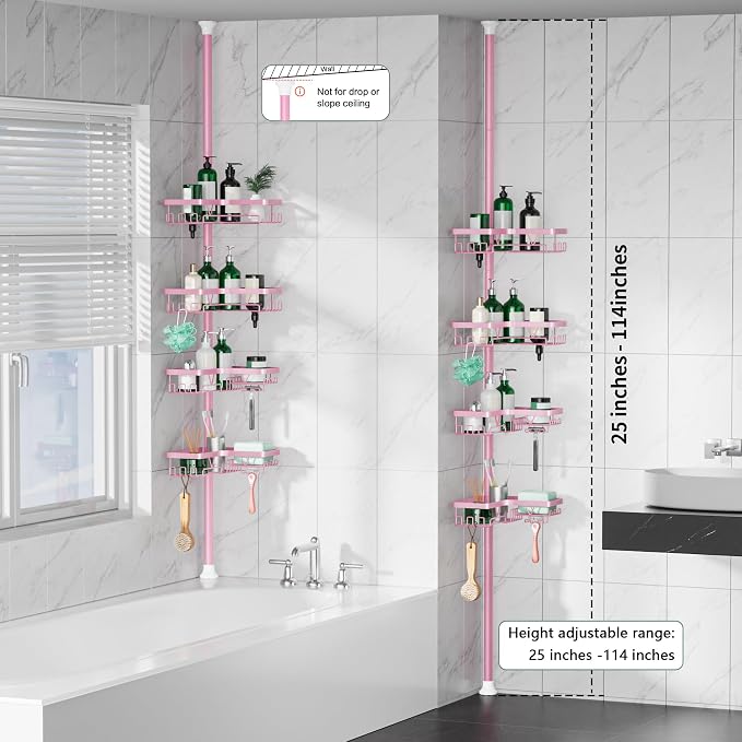 DAOYA Corner Shower Caddy Tension Pole - Corner Shower Organizer Pink Cute | Bathroom Shower Shelf for Shampoo, 25–114 Inch Shower Rack for Renter/Apartment, 4 Tier, Sturdy, Large Capacity, Save Space