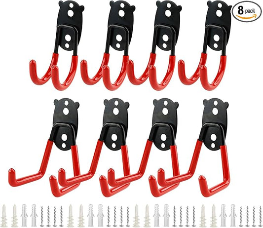 Garage Hooks Heavy Duty, Medium Square Hooks Set Wall Mount, Anti-Slip PVC Coated Steel Utility Storage Organizer for Hanging Ladders, Bikes, Garden Tools and Hoses 8 Packs