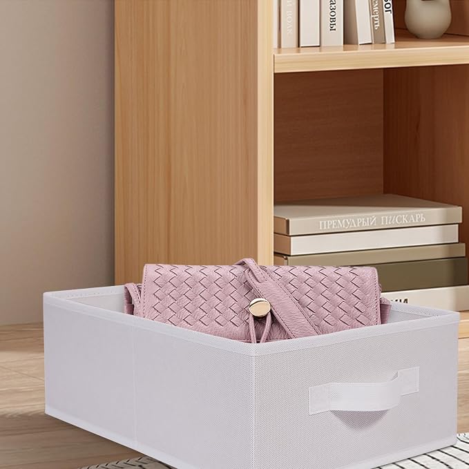 JAKAGO Fabric Storage Bins set of 4 Rectangle Storage Baskets with Handle Foldable Closet Organizer for Clothes Towel bedding Books Collapsible Clothing Container for Shelves Bedroom(White Low)