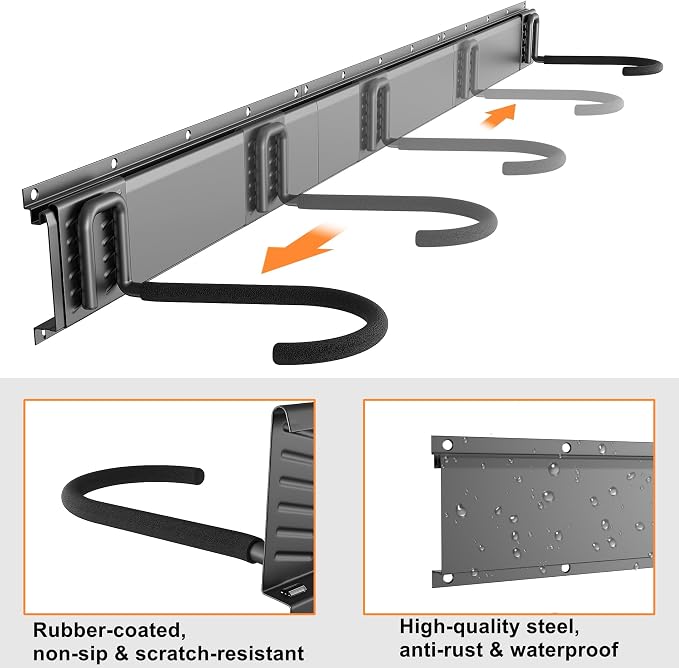 TORACK Wall Mounted Bike Storage Rack, Vertical Bikes Storage for Garage 5 Bikes Hangers for Wall, Modular Bicycle Storage Rack(3 Rails, 5 Bike Hooks, 3 Helmet Hooks)