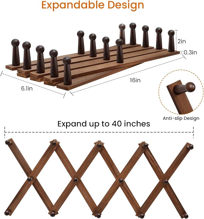 Accordion Wall Hanger, Hat Rack for Wall, Wood Expandable Coat Rack, Vintage Accordian Peg Hooks Purse Organizer for Hanging Baseball Caps, Coffee Mug, Hats, Clothes, Backpack, Towel