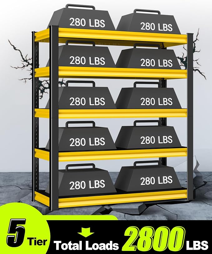 5-Tier Garage Shelving Heavy Duty,48''W x 18''D x 78''H Metal Shelving Unit,2800 lbs Weight Capacity Adjustable Storage Shelves for Retiple Tanks,Pantry,Garage,Yellow