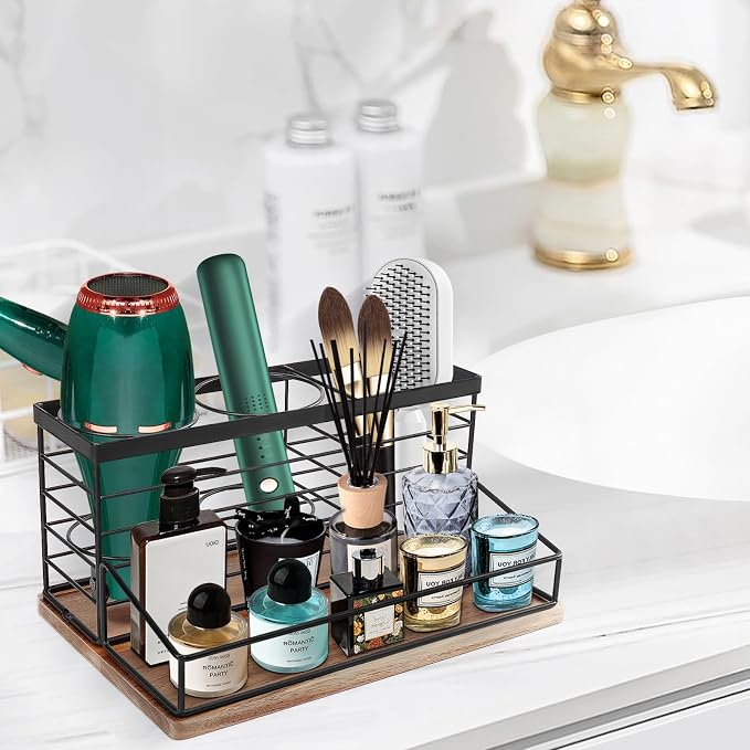 Hair Tool Organizer, Movable Hair Dryer Holder, Hair Styling Tools Storage for Vanity, Bath Counter Organizer, Bathroom Trays for Hair Toiletry, Makeup (12" x 7.7" x 5.8", Wood-Black)