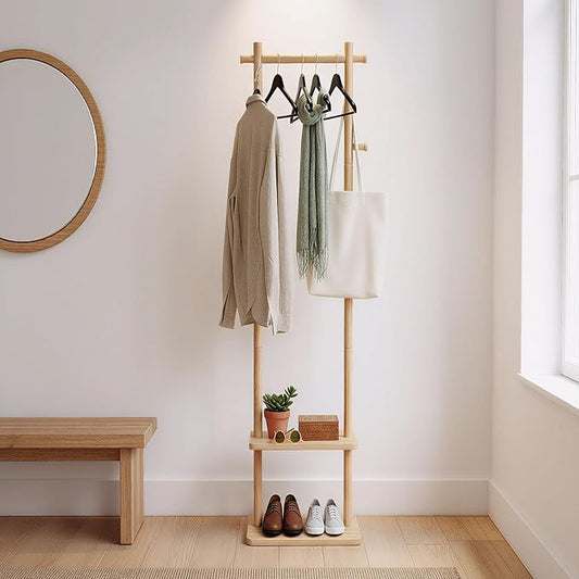 Wooden Coat Rack Freestanding,Hall Tree with Sturdy Base,Clothing Rack for Hanging Clothes,Small Clothes Rack with 3 Storage Shelves,Space Saving for Entryway, Hallway, Bedroom (Natural)