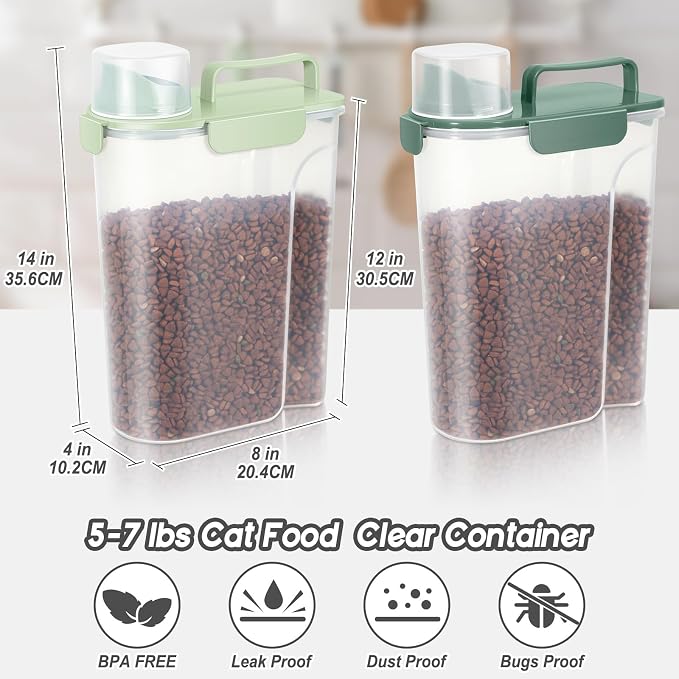 LEAWALK 5-7lbs Dog Cat Storage Container Portable with Upgraded Large Spout and Cup, Plastic Pet Food Dispenser for Small Animal Kibble, Bird Seed,Oatmeal, Rice,Flour, Brown Sugart-Green 2pack
