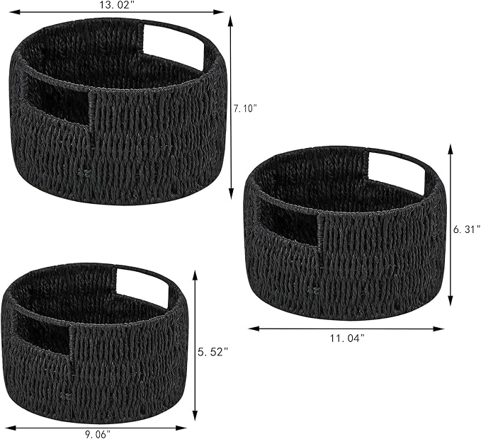 Wicker Storage Basket, Hand-Woven Paper Rope Large Round Woven Basket With Handles, Wicker Baskets for Organizing/Storage, Black, 3-Pack