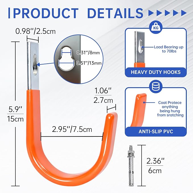 Heavy Duty Wall Hooks, Garage Storage Utility Hooks, Steel Wall Mount Hanger, Tool Organizer Hose Hanger Steel U Hooks for Garage & Garden (2, Orange)