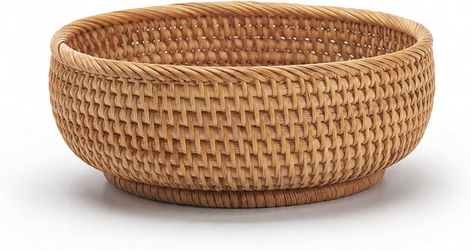 9.3" Rattan Storage Basket – Handmade Decorative Wicker Basket, Home Organization Natural Bread Basket Fruit Bowl Accessories Stationery Storage, Tabletop Bathroom Office Organizer (M, 9.3" x 3.1")
