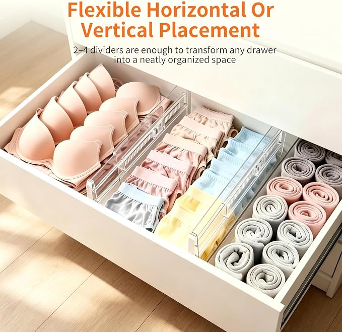 Adjustable Drawer Dividers 11.3-20in Organizer for Dresser (6) | Clear Plastic, 3.2in Wide, Adhesive Mounting, No Tools, for Kitchen Office