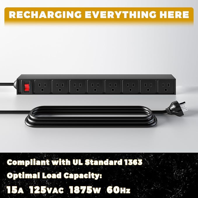 Power Tool Organizer with Charging Station, Built in 8 Outlet Power Strip,Large 8 Drill Holder Wall Mount, Heavy Duty Metal Power Tool Storage Rack Tool Shelf for Garage Organization Black