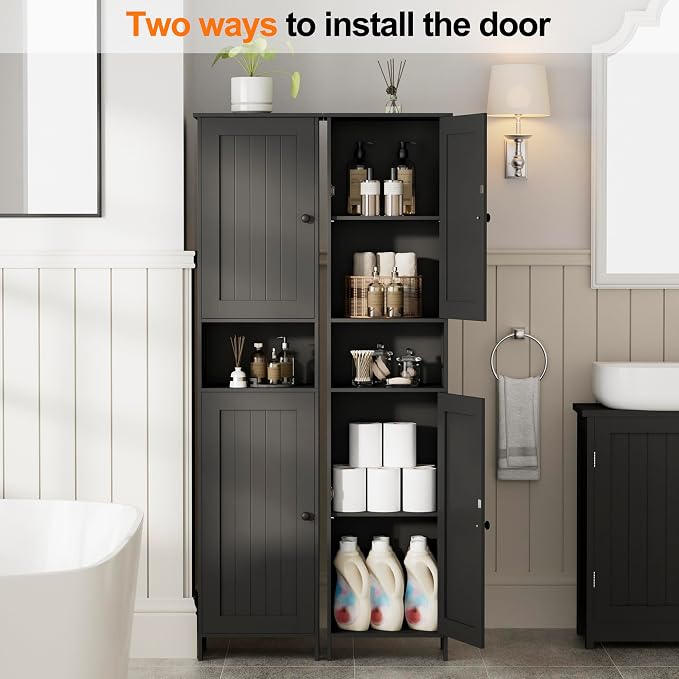Homleke Tall Bathroom Storage Cabinet with 2 Doors, Slim Bathroom Cabinet | Narrow Storage Cabinet with Adjustable Shelves, Anti-Tip Design, Reversible Door, Easy Assembly, Black, 15.7''W