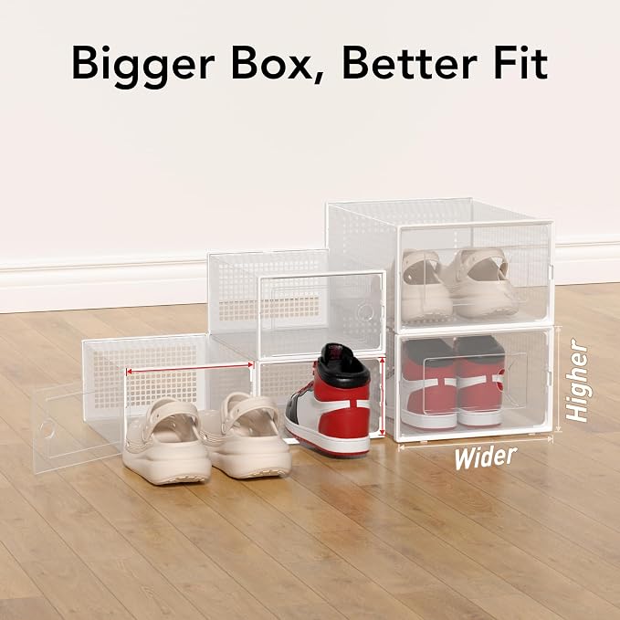 Foluck X-Large Shoe Storage Box, 15 Pack Clear Plastic Stackable Shoe Organizer for Closet, Interlocking Design Shoe Container Bins for Sneakers, Foldable Shoe Rack with Lids, White