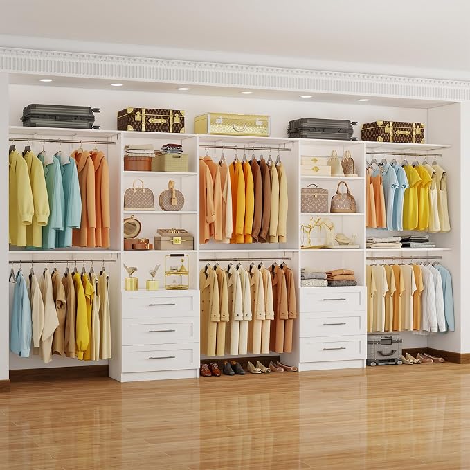 Closet System with 6 Drawers, 6-12.3FT Closet Organizer System Wood with 8 Shelves & 6 Expandable Hanging Rods, Closet Systems Kit for Walk in Closets, Modular Closet Organizer Systems, 2 Sets,White