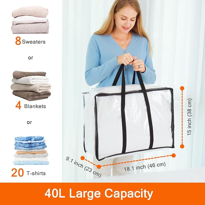 3 Pack Clear Storage Bags for Clothes Blanket Comforter & Bedding | 40L Plastic Storage Bag with Zipper, Foldable Closet Organizer, Moving Bags, Under-Bed Storage