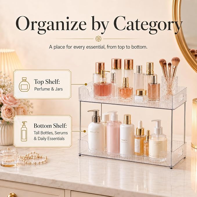 Goderewild 2-Tier Bathroom Counter Organizer, Multi-Purpose Cosmetics Skincare Shelf, Fits A4 Size Makeup Organizer for Office and Vanity Tray, Countertop Storage Solution for Kitchen,Bath.(Clear)