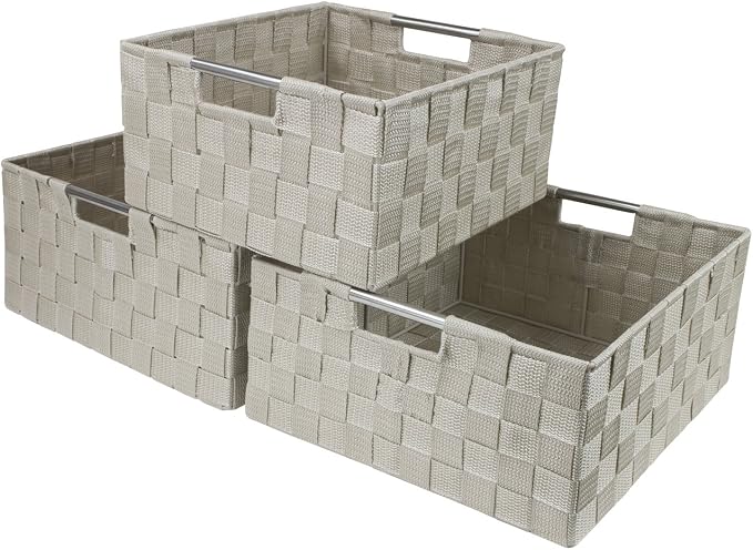 Sorbus Storage Box Woven Basket Bin Container Tote Cube Organizer Set Stackable Storage Basket Woven Strap Shelf Organizer Built-in Carry Handles (Beige)