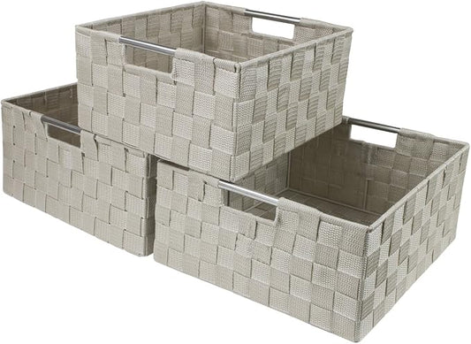 Sorbus Storage Box Woven Basket Bin Container Tote Cube Organizer Set Stackable Storage Basket Woven Strap Shelf Organizer Built-in Carry Handles (Beige)