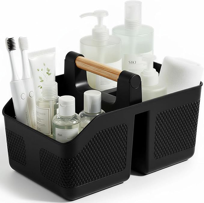 Plastic Shower Caddy Portable Shower Basket with Bamboo Handle, Black | Cleaning Caddy Organizer Storage Tote for Bathroom, College Dorm Essentials, Bath Toy Storage