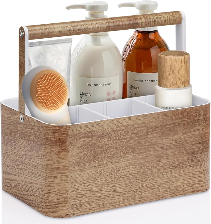 BYUNER Shower Caddy Portable for College: Devided Bathroom Caddy Shower Basket for Dorm with Handle, Plastic Bathroom Counter Organizer Storage Tote Bin for Dorm,Kitchen,Cabinet, Wood Grain