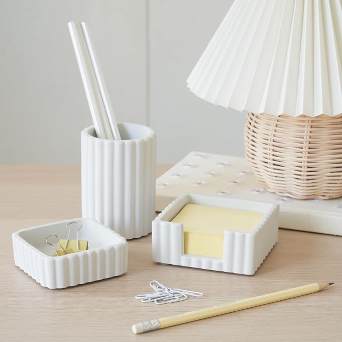 Aesthetic Desk Organizer Set of 3 For Your Office - Sturdy Concrete Desktop Accessories For Women Enhance Any Office Decor - Set incl. Pen Holder, Paperclip Storage & Sticky Note Holder for Teacher