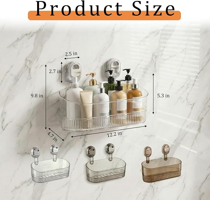 AVOKIHI Suction Cup Shower Caddy, No Drill Shower Shelf | Clear acrylic storage box for inside shower. Strong suction cups hold safely on smooth walls. No drill or adhesive.