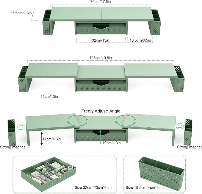 Spacrea Metal Desk Organizers and Accessories, Dual Monitor Stand Riser with Drawer and 2 Pen Holders, Book Racks, Desk Accessories & Workspace Desktop Organizers for Office Supplies (Sage Green)
