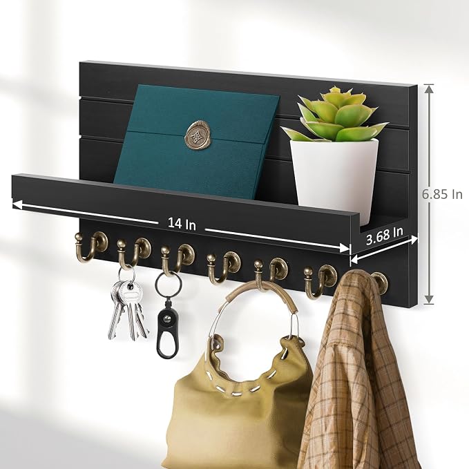 HONJIN Key Holder for Wall: Upgraded 7 Sturdy Key Hooks Easy Installation Mail Organizer Wall Mount Hanging Key Rack for Kitchen and Entryway Decor