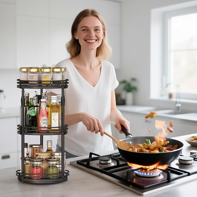 Across-star Lazy-Susan-Organizer-Spice-Rack, 3-Tier Rotating Spice Organizer for Cabinet Pantry, Seasoning Holder Shelf with Adjustable Height, Kitchen Counter Shelf Countertop Organzier